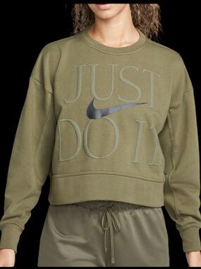 Nike Women’s Olive Just Do It  Dri fit Crop crew neck Sweatshirt Sz Large